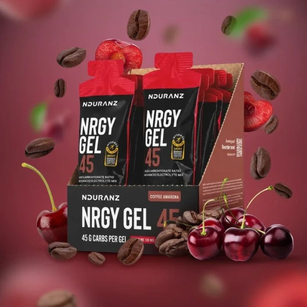 Nrgy Gel 45 Coffee-Amarena Koffein Kohlenhydrate Triathlon Laufen Radfahren Nduranz