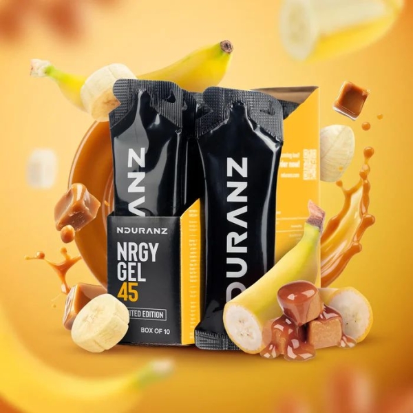 Nrgy Gel 45 Banane–Karamell Kohlenhydrate Energie Triathlon Laufen Rad Nduranz